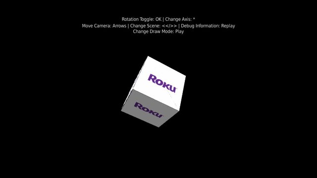 A rotating 3D cube textured with the Roku logo on a black background, with on-screen controls for rotation, camera movement, and draw mode