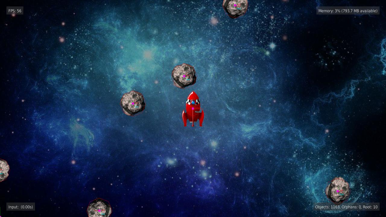 Asteroids with debug colliders and entity details visible: magenta dots marking each entity's position, circle collider outlines around the ship and rocks, and cyan entity name labels reading "Player" and "Rock"