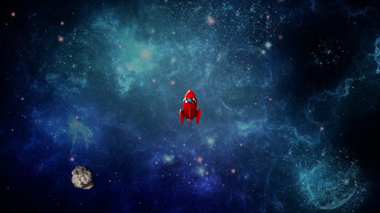 Asteroids mid-game: a red rocket ship near a gray rock, on a starfield background