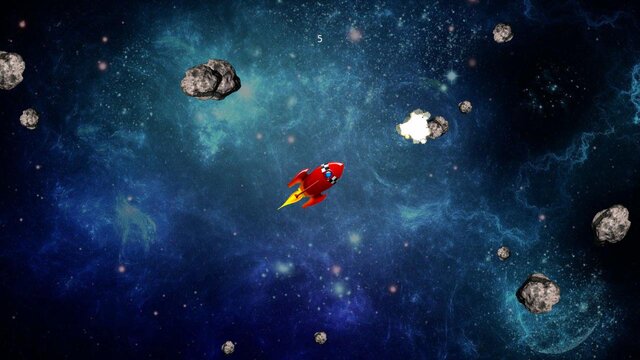A red rocket ship flying through a starry blue nebula, dodging gray asteroids, with a score of 5 shown at the top
