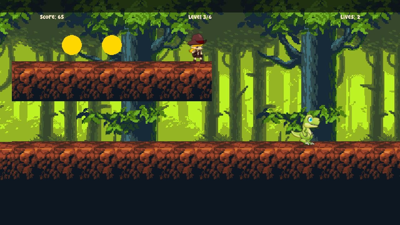 A side-scrolling jungle platformer: an explorer character on a floating log platform above two coins, with a green dinosaur enemy patrolling on the ground below, a Score/Level/Lives HUD along the top