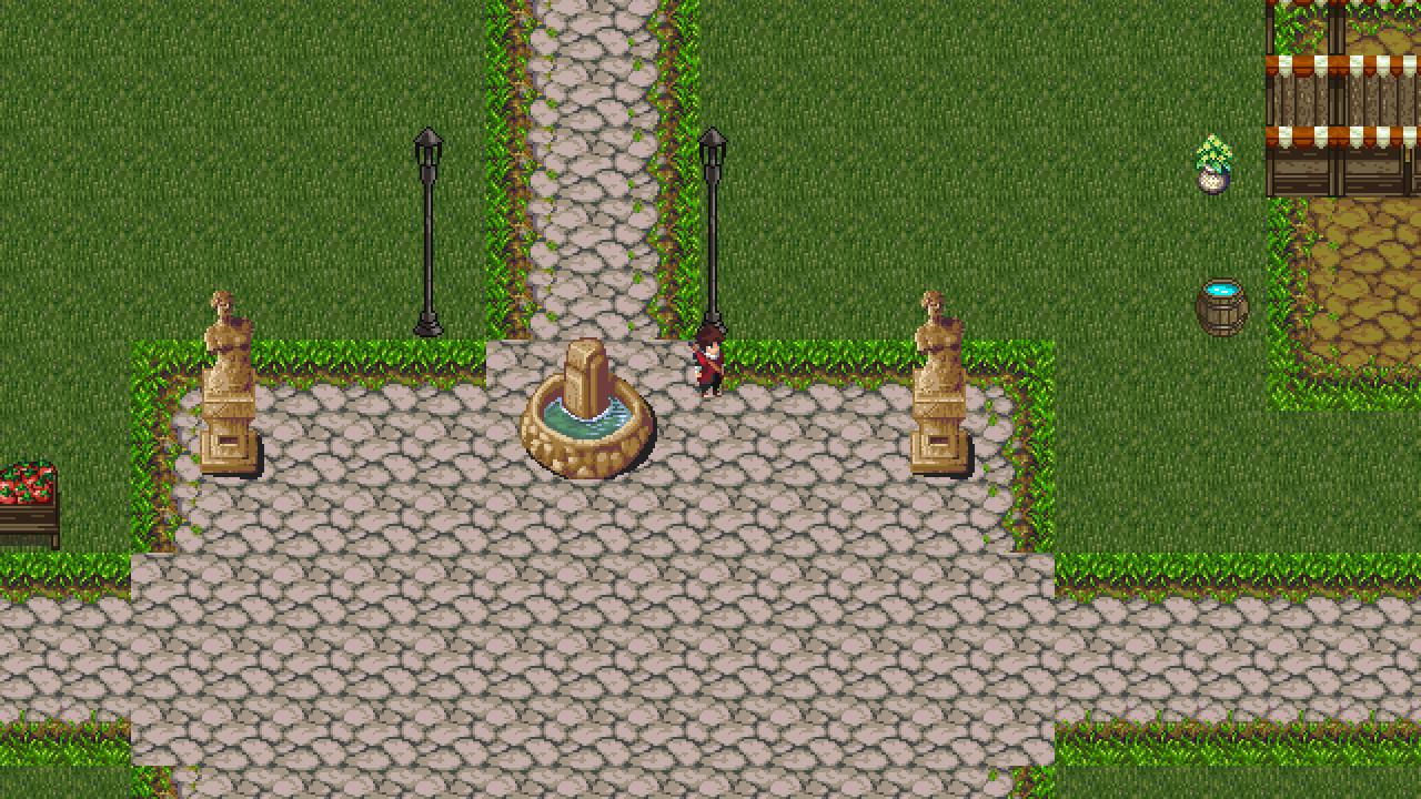 A top-down RPG town: an adventurer in a red tunic beside a stone fountain on a cobblestone plaza, flanked by two statues and iron lamp posts, with grass, a cobble road leading north and a market stall at the edge