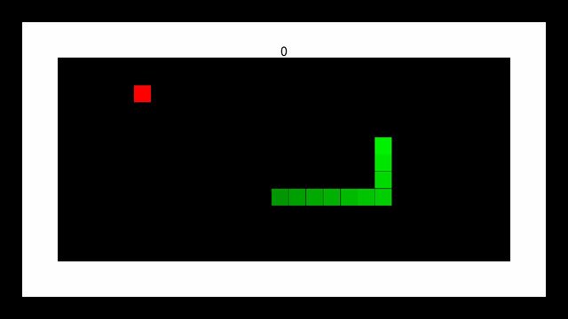 A classic Snake game: a green snake made of square segments turning a corner toward a red apple, on a black grid with a white border