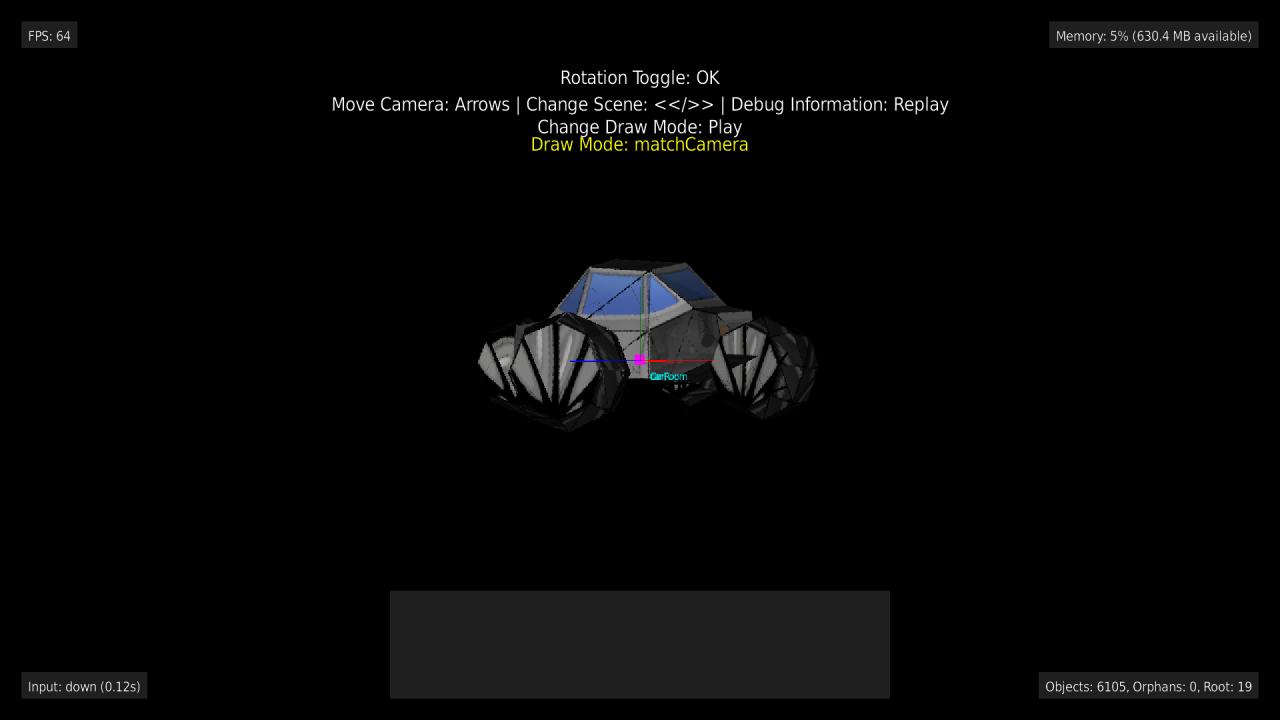 A textured car model rendered by examples/3d's CarRoom, showing windshield glass and tire tread detail - loaded via an explicit texturePath override