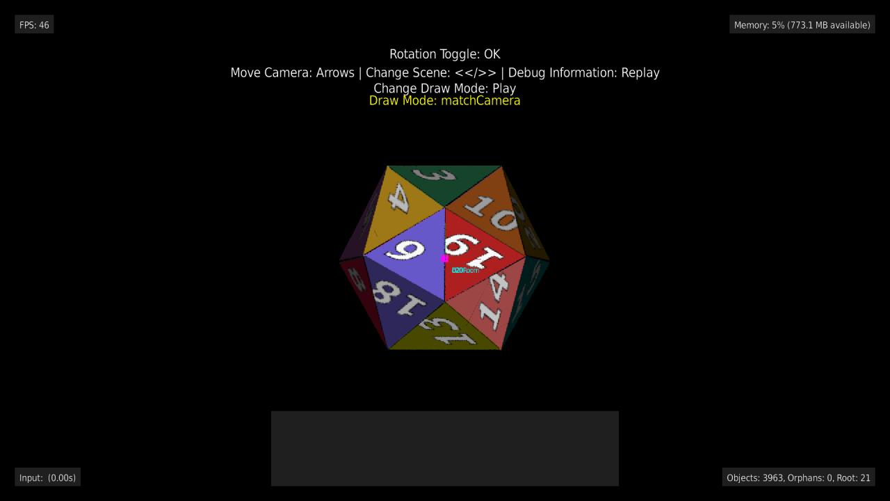 A textured D20 model rendered by examples/3d's D20Room, showing distinct colored/numbered faces - loaded via mtllib/map_Kd auto-resolution, no override